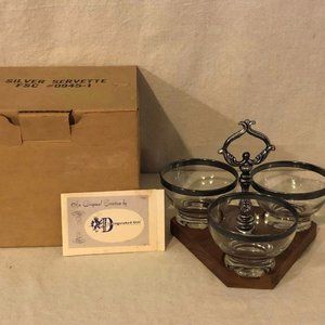 Vintage Distinguished Gifts MCM Silver Rimmed Glass/Wood Condiment Caddy Holder